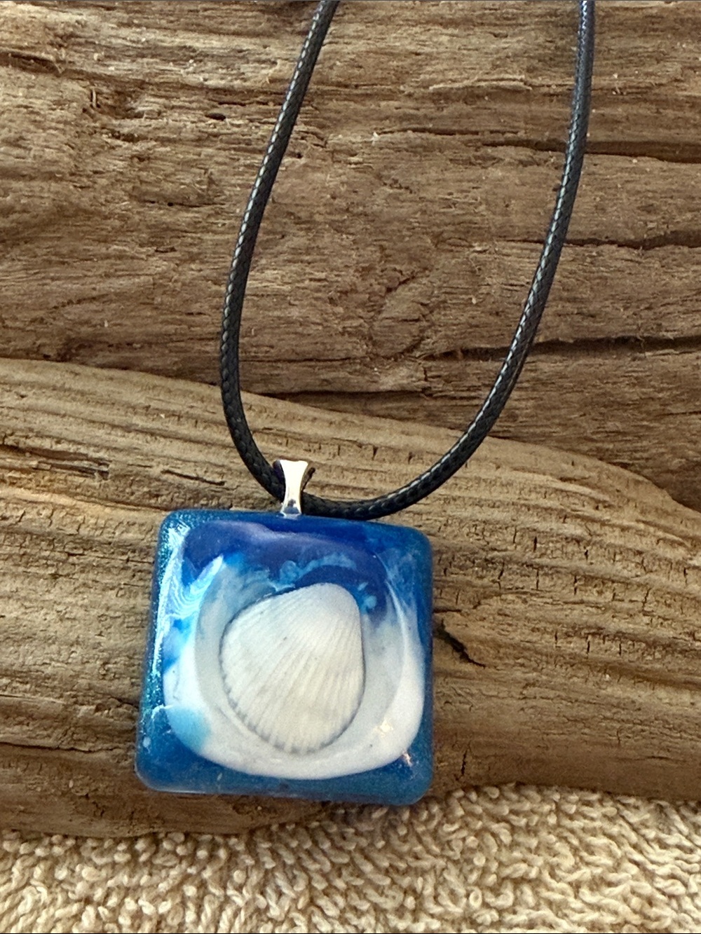 Blue Resin Square Pendant Necklace - Handmade , with a Shell enclosed.